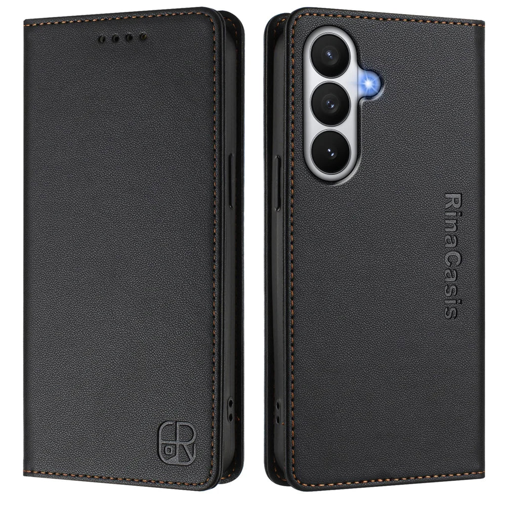 For Samsung Galaxy S26 Leather Case RINACASIS RC01 Phone Cover with RFID Blocking Wallet Stand - Black - 1