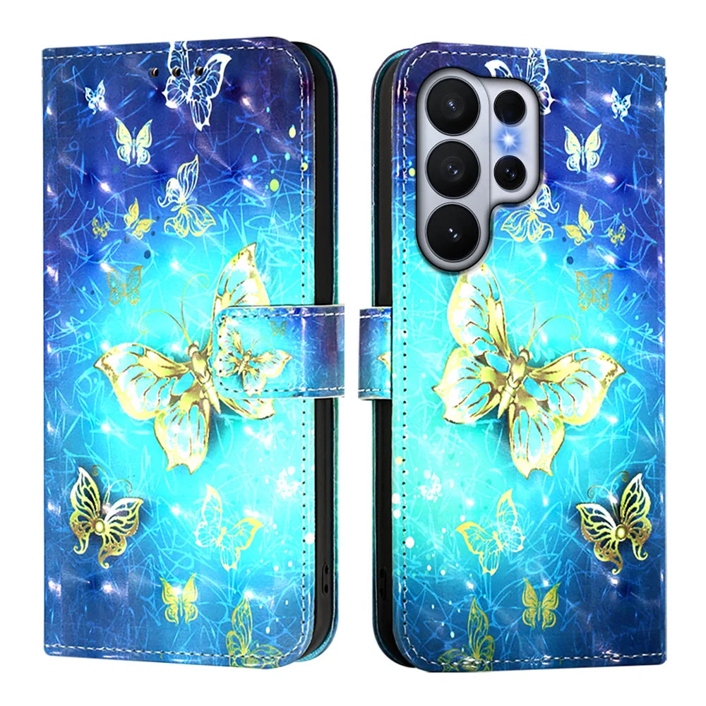 For Samsung Galaxy S26 Ultra Leather Case Pattern Printing Wallet Stand Mobile Cover with Strap - Golden Butterflies - 1