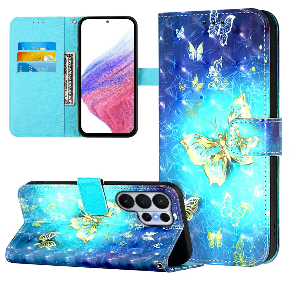 For Samsung Galaxy S26 Ultra Leather Case Pattern Printing Wallet Stand Mobile Cover with Strap - Golden Butterflies - 2
