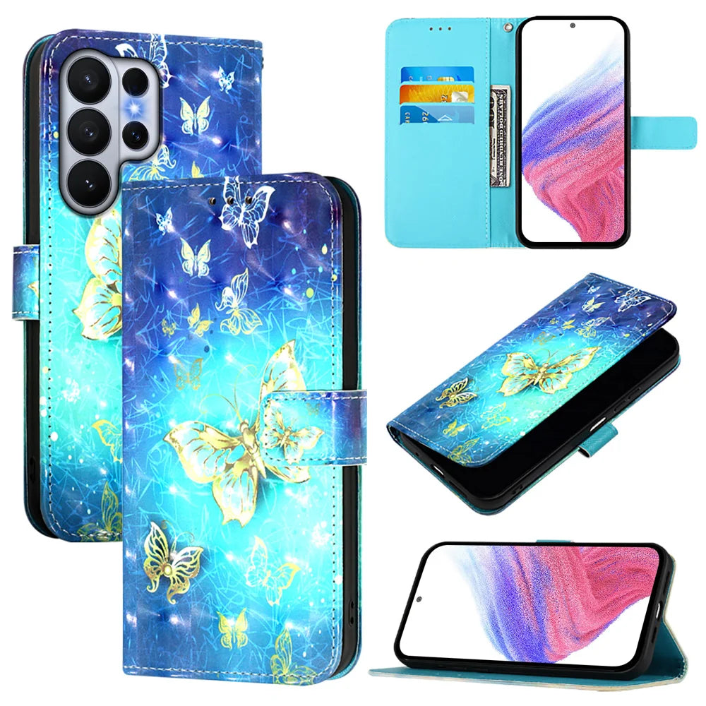For Samsung Galaxy S26 Ultra Leather Case Pattern Printing Wallet Stand Mobile Cover with Strap - Golden Butterflies - 3