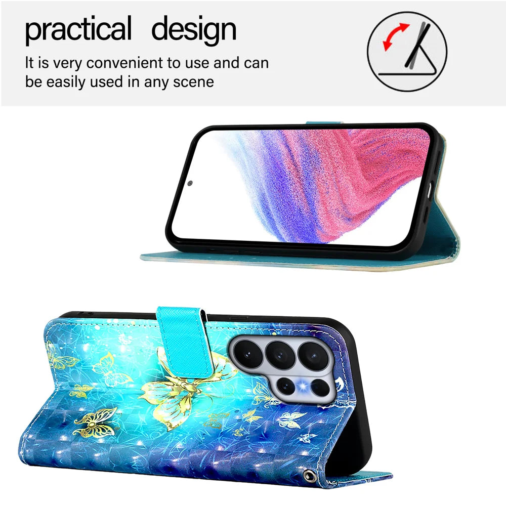 For Samsung Galaxy S26 Ultra Leather Case Pattern Printing Wallet Stand Mobile Cover with Strap - Golden Butterflies - 4