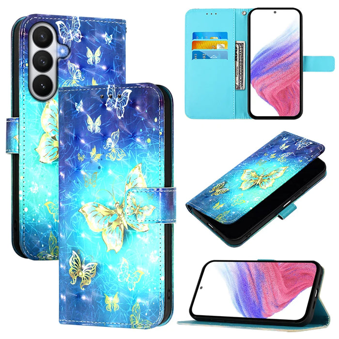 For Samsung Galaxy S26 Leather Case Pattern Printing Wallet Stand Mobile Cover with Strap - Golden Butterflies - 3