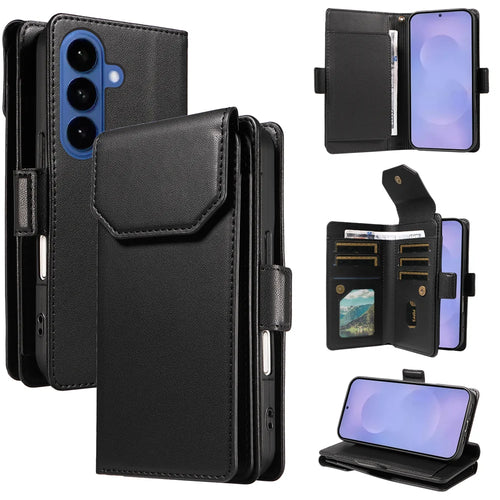 For Samsung Galaxy S26 Case with Multi-Card Holder and Strap PU Leather Phone Cover Stand - Black - 1