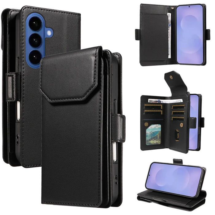 For Samsung Galaxy S26 Case with Multi-Card Holder and Strap PU Leather Phone Cover Stand - Black - 1