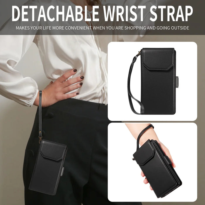 For Samsung Galaxy S26 Case with Multi-Card Holder and Strap PU Leather Phone Cover Stand - Black - 5