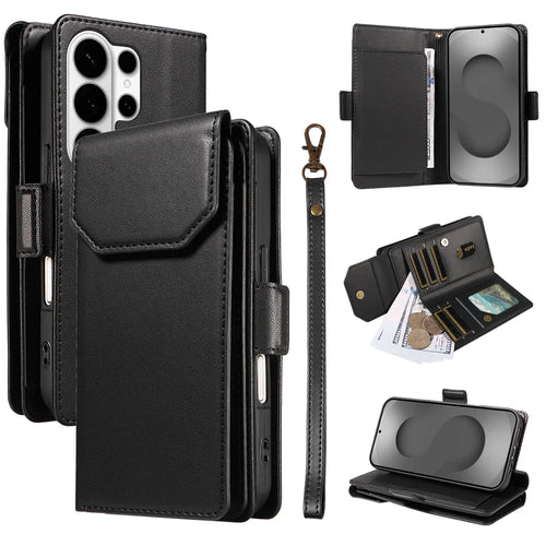 For Samsung Galaxy S26 Ultra Case with Multi-Card Holder and Strap PU Leather Phone Cover Stand - Black - 1