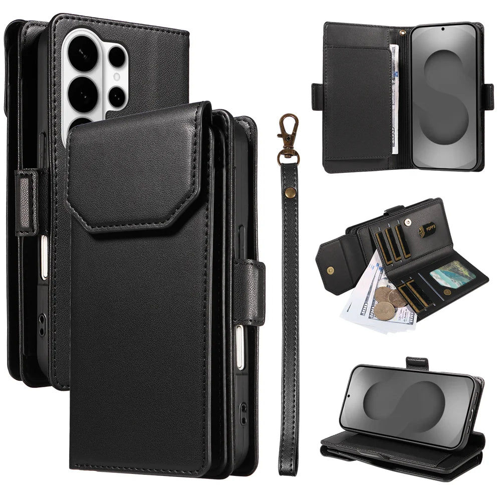 For Samsung Galaxy S26 Ultra Case with Multi-Card Holder and Strap PU Leather Phone Cover Stand - Black - 1
