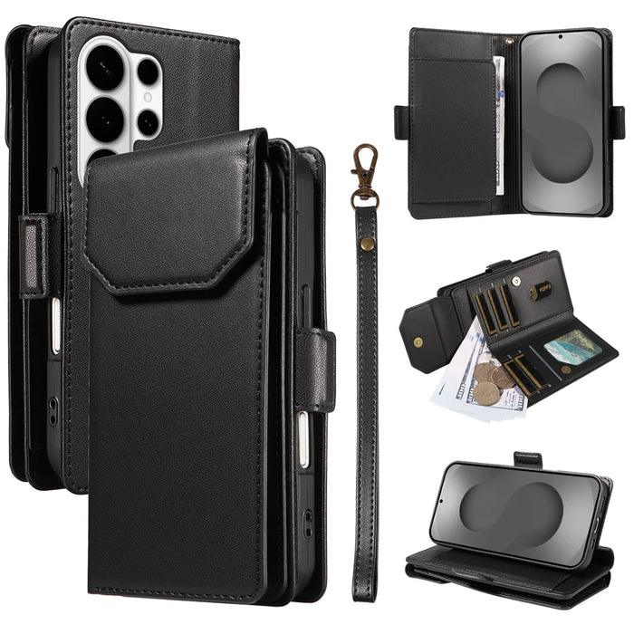 For Samsung Galaxy S26 Ultra Case with Multi-Card Holder and Strap PU Leather Phone Cover Stand - Black - 1