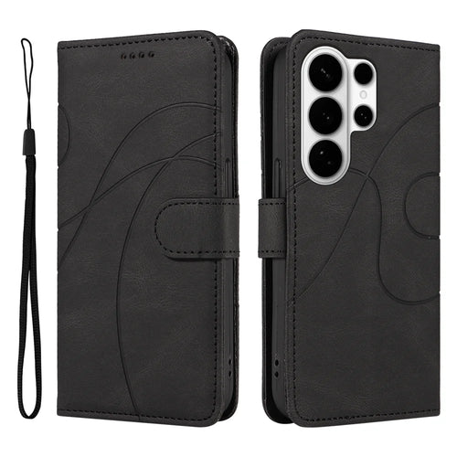 For Samsung Galaxy S26 Ultra Wallet Case Leather Phone Cover Stand with Curved Line Design -  Black - 1