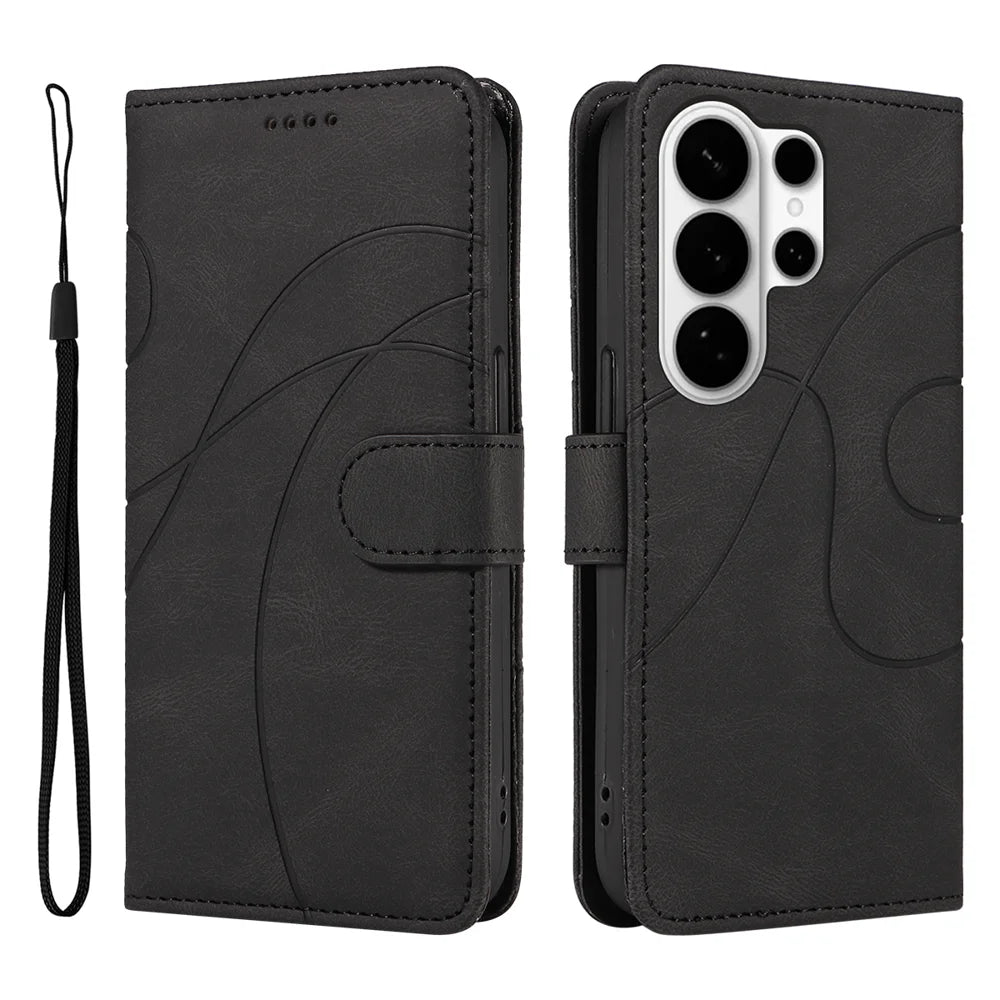 For Samsung Galaxy S26 Ultra Wallet Case Leather Phone Cover Stand with Curved Line Design -  Black - 1