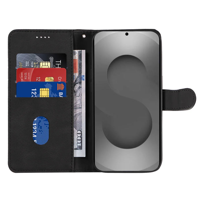 For Samsung Galaxy S26 Ultra Wallet Case Leather Phone Cover Stand with Curved Line Design -  Black - 2
