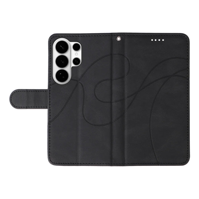 For Samsung Galaxy S26 Ultra Wallet Case Leather Phone Cover Stand with Curved Line Design -  Black - 3