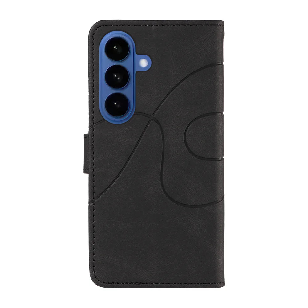 For Samsung Galaxy S26 Wallet Case Leather Phone Cover Stand with Curved Line Design -  Black - 7