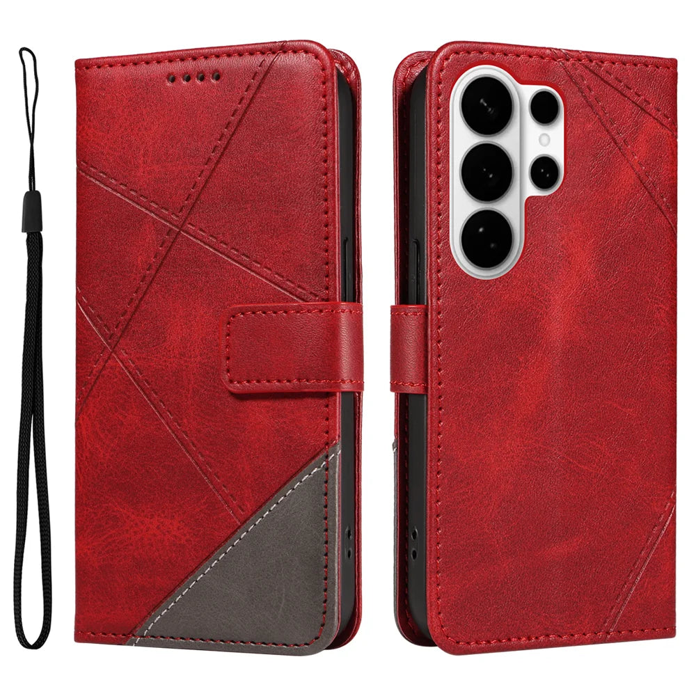 For Samsung Galaxy S26 Ultra Leather Case Geometric Line Design Wallet Phone Cover with Wrist Strap - Red - 1