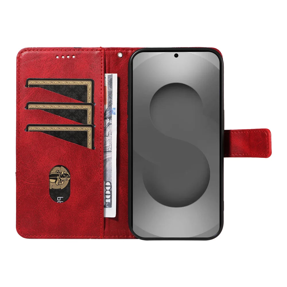 For Samsung Galaxy S26 Ultra Leather Case Geometric Line Design Wallet Phone Cover with Wrist Strap - Red - 2