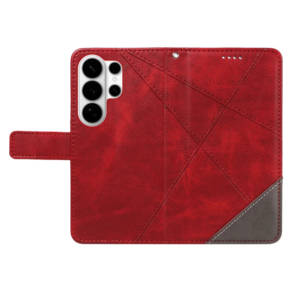 For Samsung Galaxy S26 Ultra Leather Case Geometric Line Design Wallet Phone Cover with Wrist Strap - Red - 3