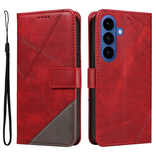 For Samsung Galaxy S26 Leather Case Geometric Line Design Wallet Phone Cover with Wrist Strap - Red - 1