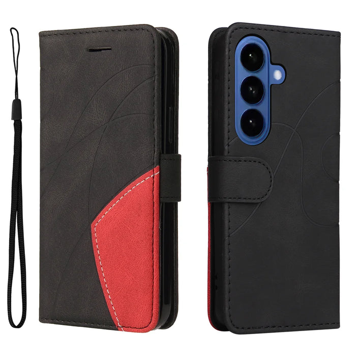 For Samsung Galaxy S26 Leather Phone Case Stand Wallet with Bi-colour Splicing Design - Black - 1