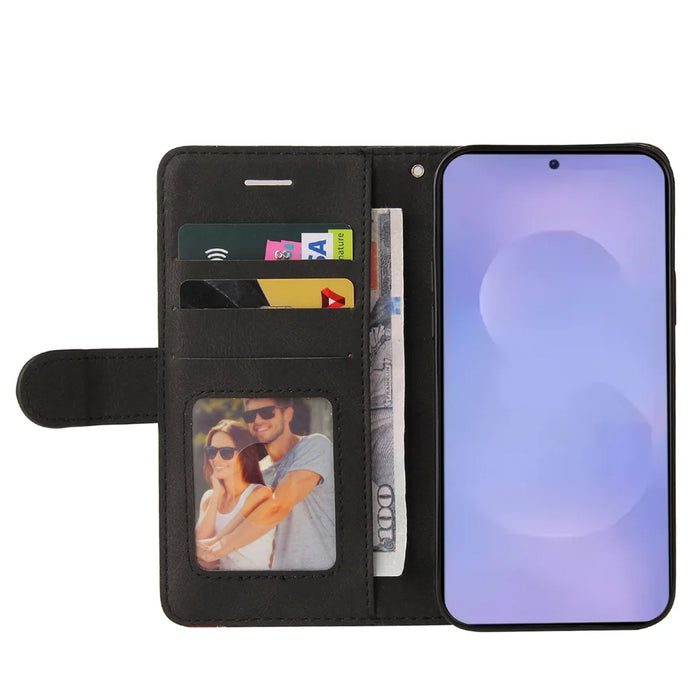 For Samsung Galaxy S26 Leather Phone Case Stand Wallet with Bi-colour Splicing Design - Black - 2