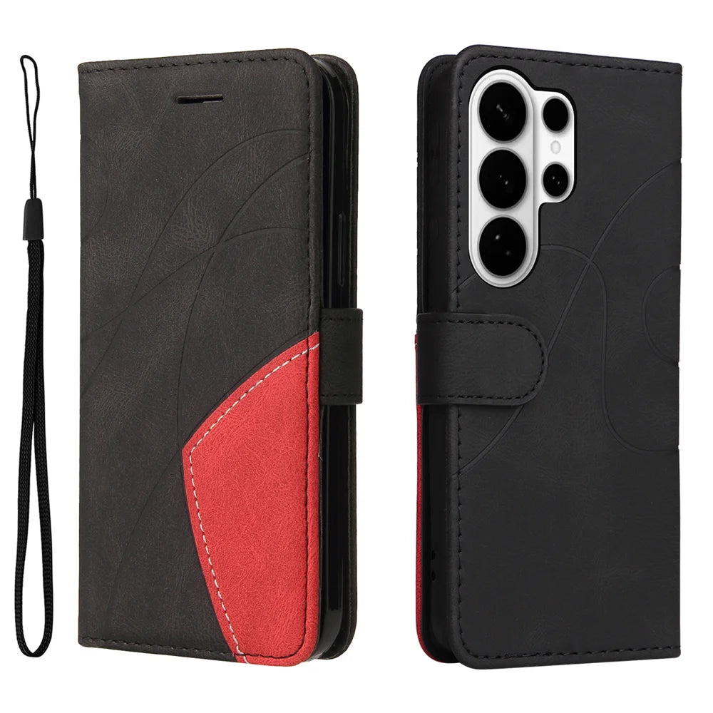 For Samsung Galaxy S26 Ultra Leather Phone Case Stand Wallet with Bi-colour Splicing Design - Black - 1