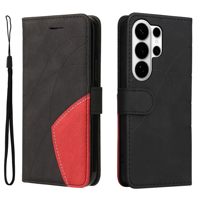 For Samsung Galaxy S26 Ultra Leather Phone Case Stand Wallet with Bi-colour Splicing Design - Black - 1