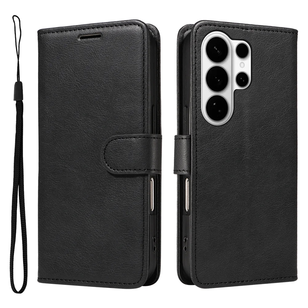 For Samsung Galaxy S26 Ultra Leather Wallet Case with Strap Solid Color Phone Stand Cover - Black - 1