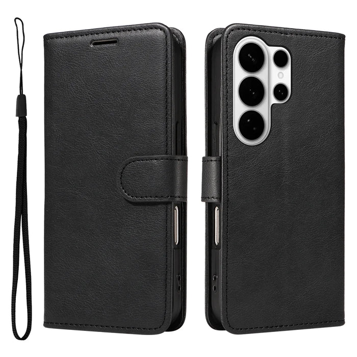 For Samsung Galaxy S26 Ultra Leather Wallet Case with Strap Solid Color Phone Stand Cover - Black - 1
