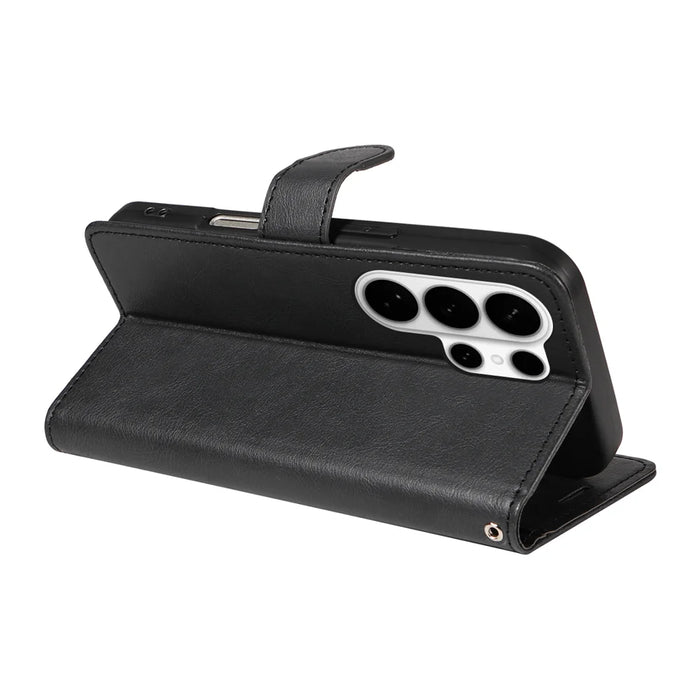 For Samsung Galaxy S26 Ultra Leather Wallet Case with Strap Solid Color Phone Stand Cover - Black - 7