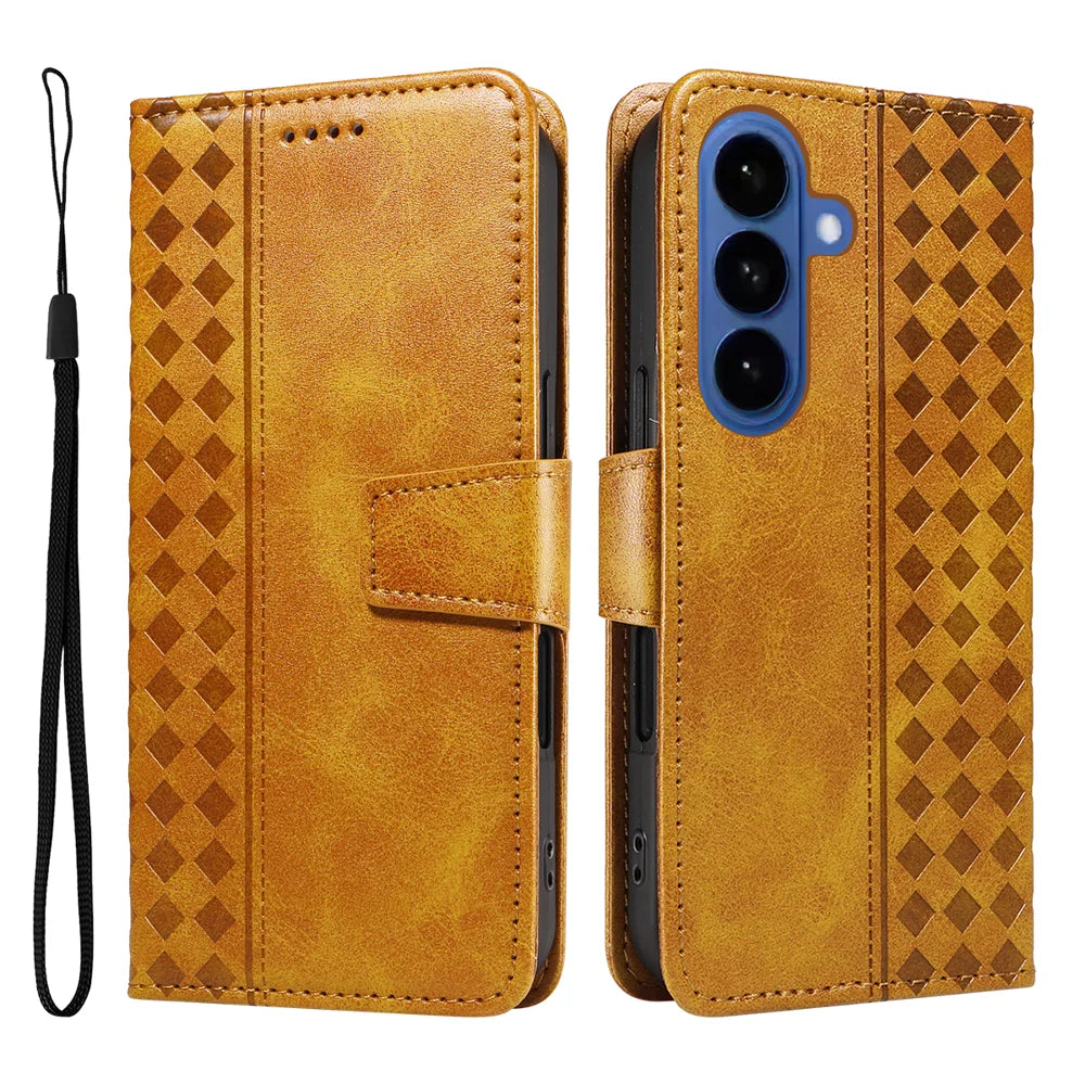 For Samsung Galaxy S26 Leather Case Wallet Stand Grids Imprinted Phone Cover with Strap - Yellow - 1
