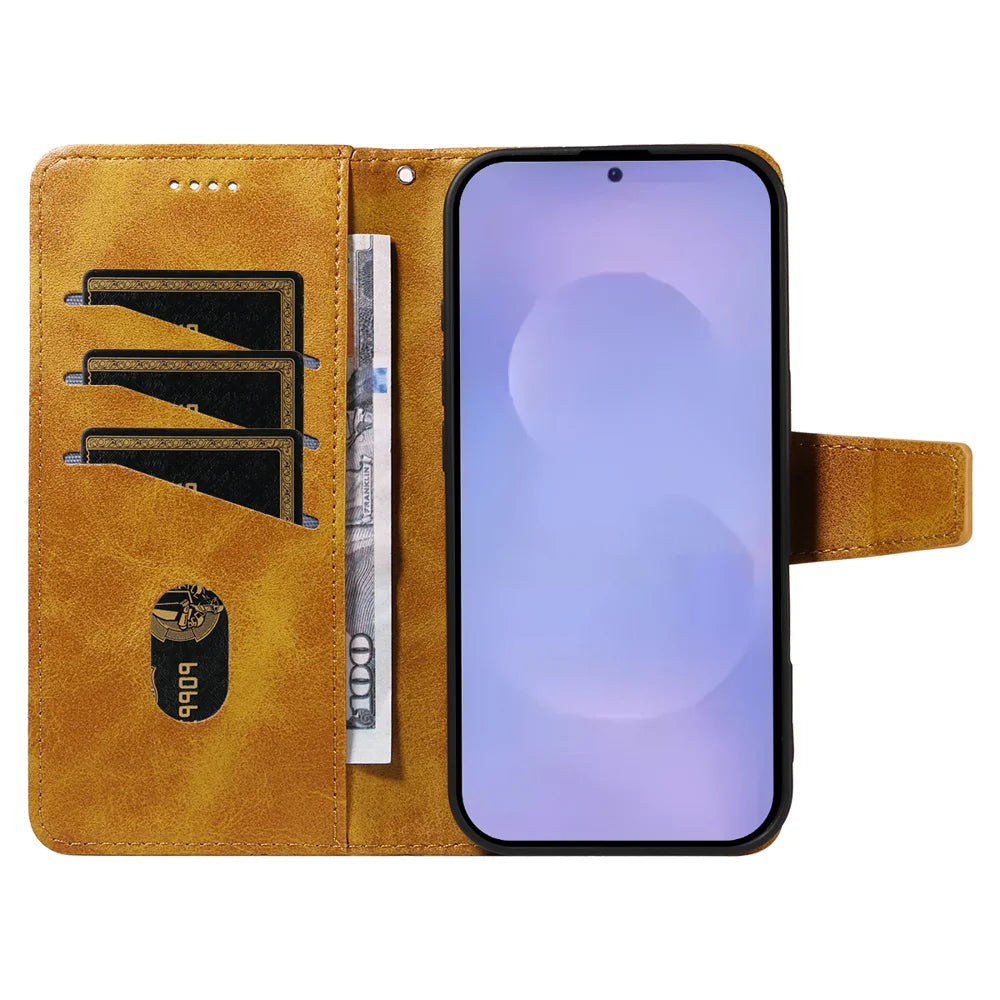 For Samsung Galaxy S26 Leather Case Wallet Stand Grids Imprinted Phone Cover with Strap - Yellow - 2