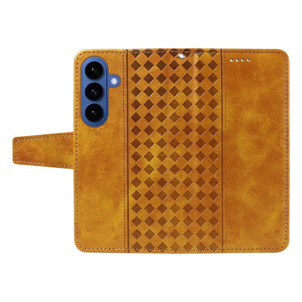 For Samsung Galaxy S26 Leather Case Wallet Stand Grids Imprinted Phone Cover with Strap - Yellow - 3