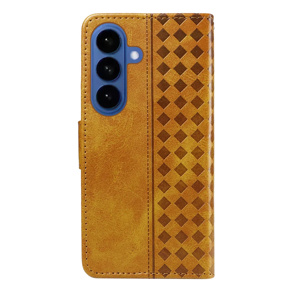 For Samsung Galaxy S26 Leather Case Wallet Stand Grids Imprinted Phone Cover with Strap - Yellow - 7