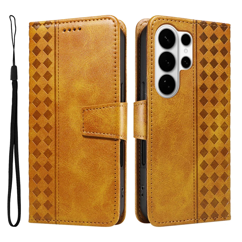 For Samsung Galaxy S26 Ultra Leather Case Wallet Stand Grids Imprinted Phone Cover with Strap - Yellow - 1