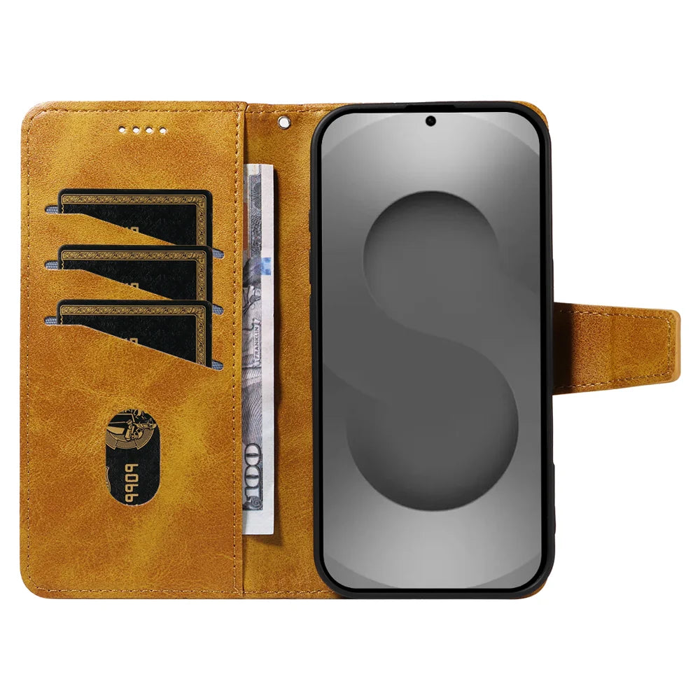 For Samsung Galaxy S26 Ultra Leather Case Wallet Stand Grids Imprinted Phone Cover with Strap - Yellow - 2