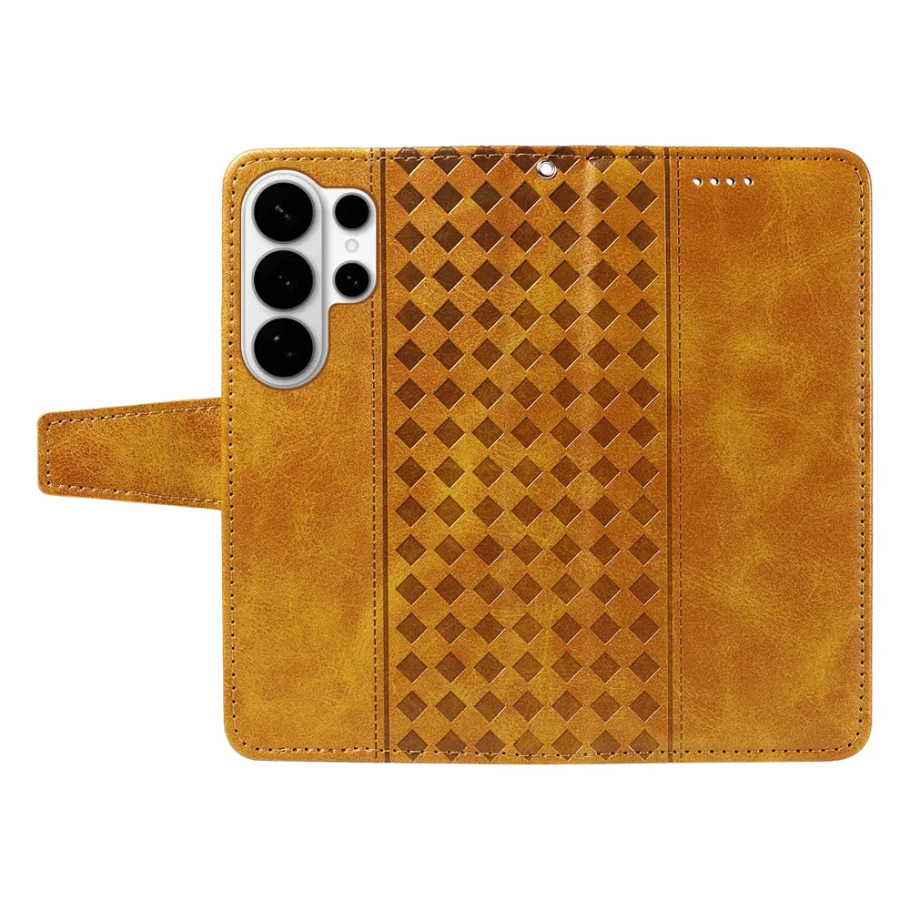 For Samsung Galaxy S26 Ultra Leather Case Wallet Stand Grids Imprinted Phone Cover with Strap - Yellow - 3