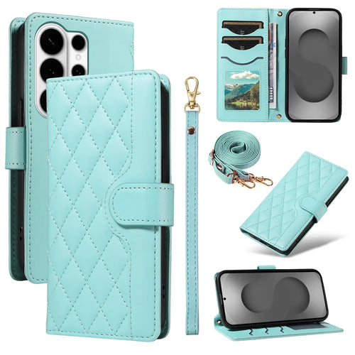 For Samsung Galaxy S26 Ultra Wallet Case Rhombus Leather Phone Cover with Strap - Green - 1
