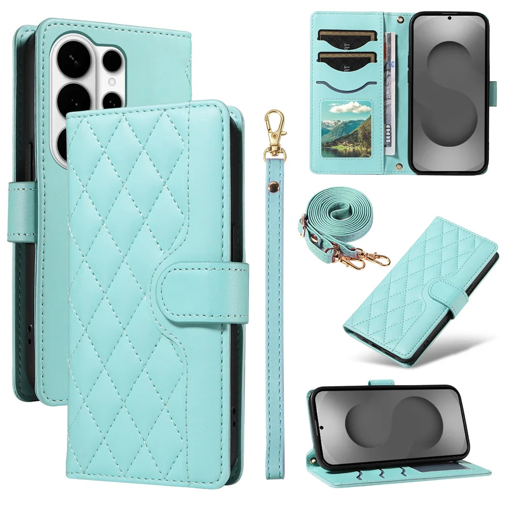 For Samsung Galaxy S26 Ultra Wallet Case Rhombus Leather Phone Cover with Strap - Green - 1