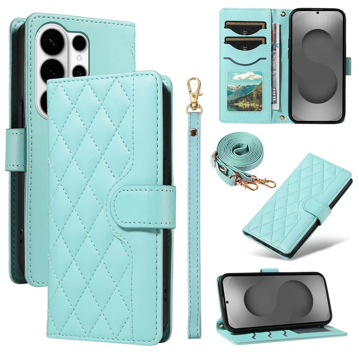 For Samsung Galaxy S26 Ultra Wallet Case Rhombus Leather Phone Cover with Strap - Green - 1