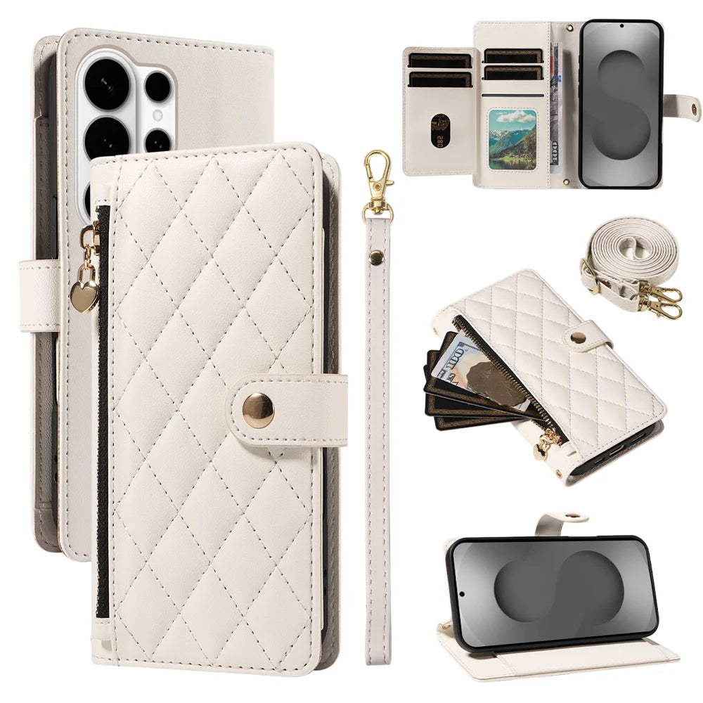 For Samsung Galaxy S26 Ultra Wallet Case with Straps, Rhombus Leather Stand Phone Cover - White - 1