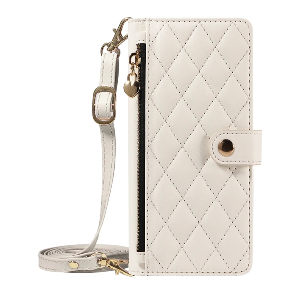 For Samsung Galaxy S26 Ultra Wallet Case with Straps, Rhombus Leather Stand Phone Cover - White - 7