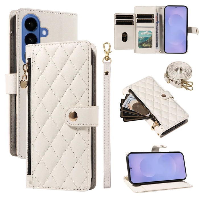 For Samsung Galaxy S26 Wallet Case with Straps, Rhombus Leather Stand Phone Cover - White - 1