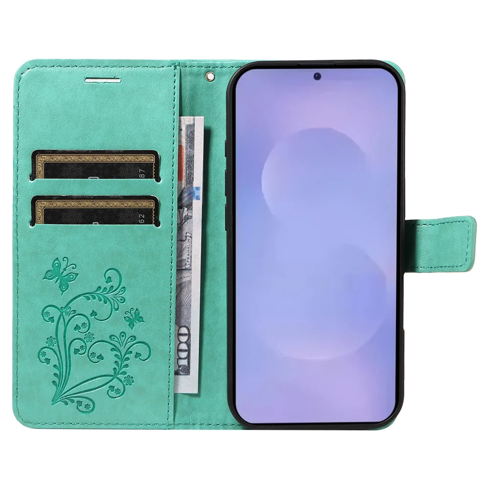 For Samsung Galaxy S26 Wallet Case Floral Butterfly Imprinted Leather Phone Cover Stand -  Green - 2