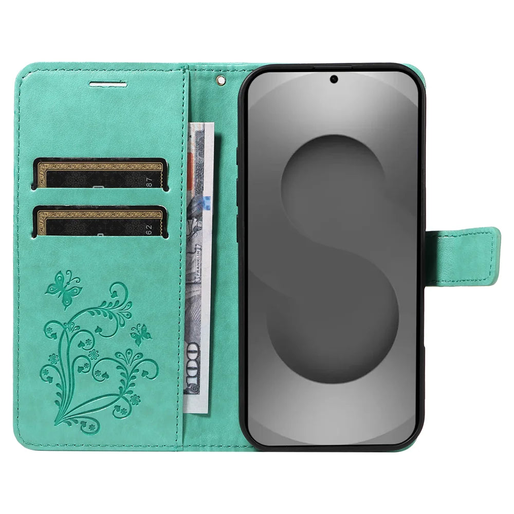 For Samsung Galaxy S26 Ultra Wallet Case Floral Butterfly Imprinted Leather Phone Cover Stand -  Green - 2