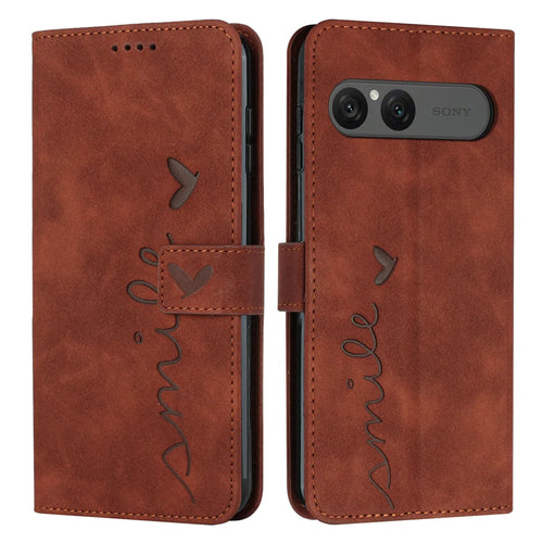 For Sony Xperia 10 VII Stand Case PU Leather Phone Cover Imprinted Heart Pattern - Brown - 1