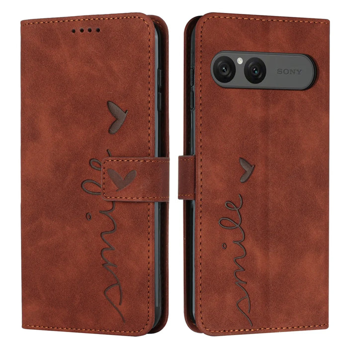 For Sony Xperia 10 VII Stand Case PU Leather Phone Cover Imprinted Heart Pattern - Brown - 1