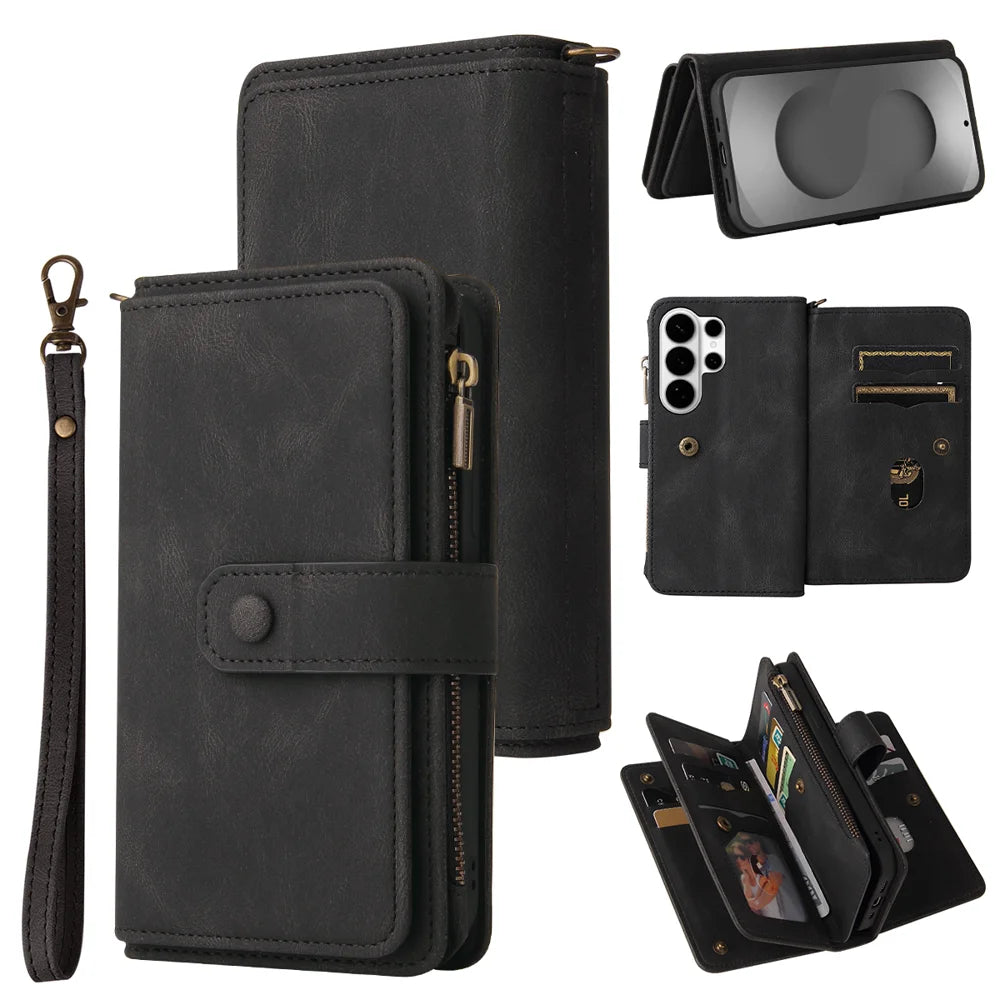 For Samsung Galaxy S26 Ultra Zipper Wallet Case with 15 Card Slots and Strap Leather Phone Cover - Black - 1