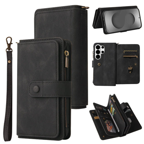 For Samsung Galaxy S26 Ultra Zipper Wallet Case with 15 Card Slots and Strap Leather Phone Cover - Black - 1