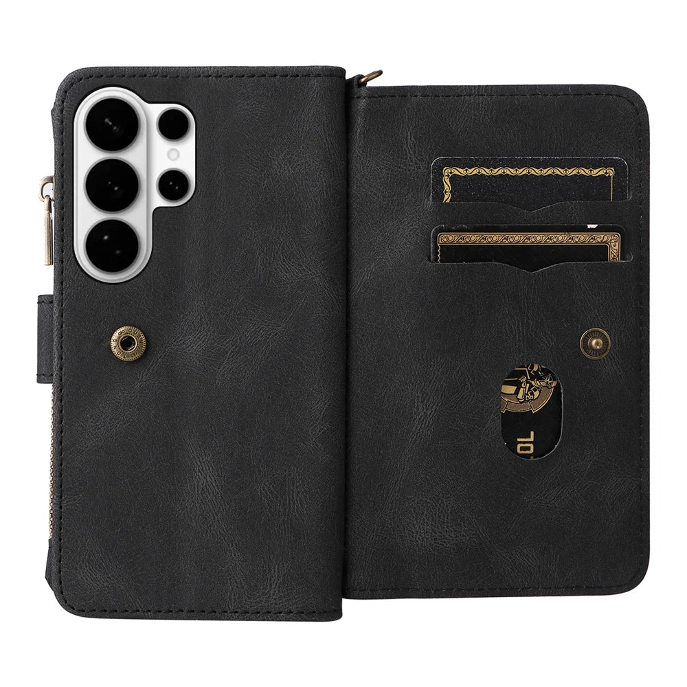 For Samsung Galaxy S26 Ultra Zipper Wallet Case with 15 Card Slots and Strap Leather Phone Cover - Black - 2
