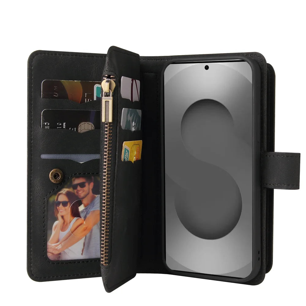 For Samsung Galaxy S26 Ultra Zipper Wallet Case with 15 Card Slots and Strap Leather Phone Cover - Black - 7