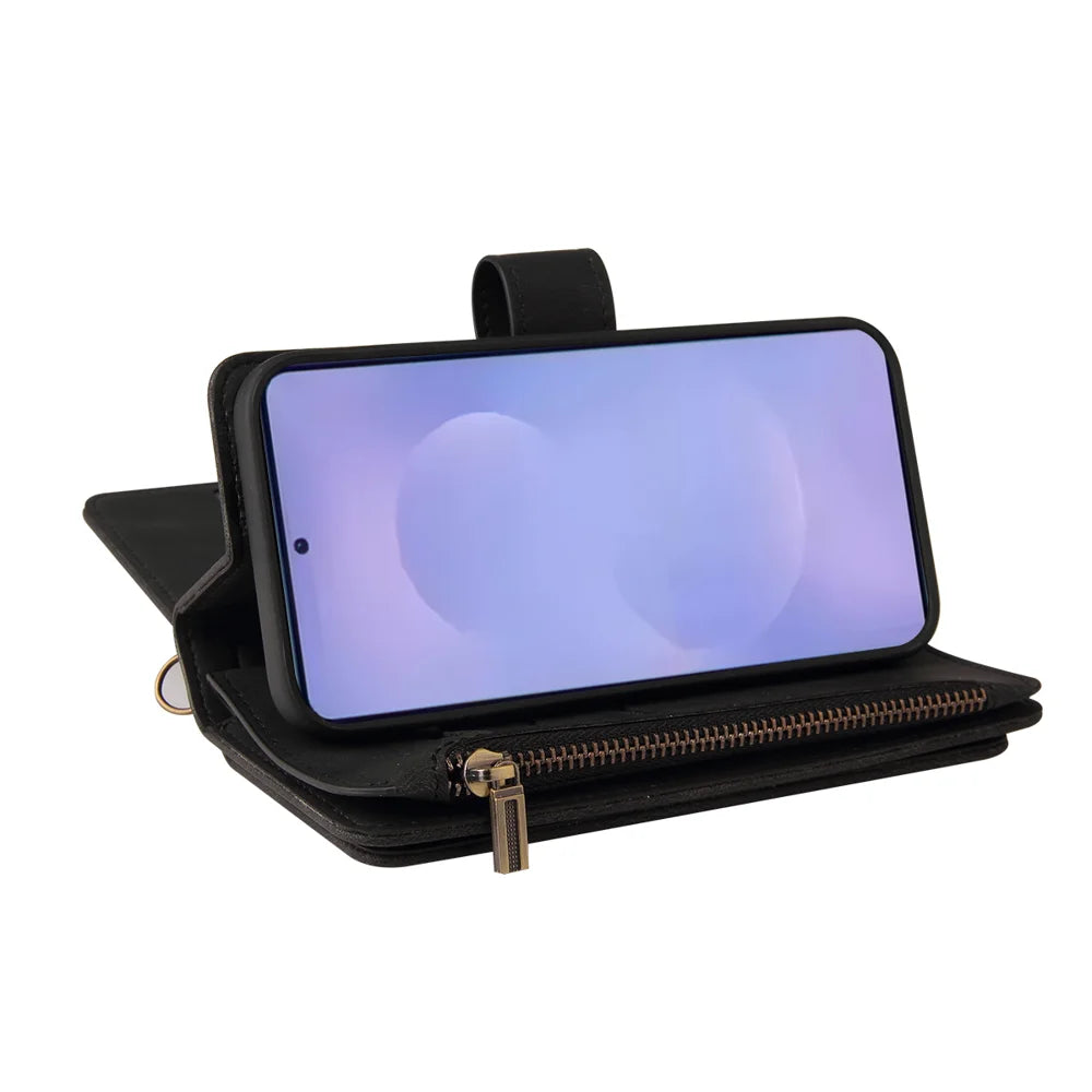 For Samsung Galaxy S26 Zipper Wallet Case with 15 Card Slots and Strap Leather Phone Cover - Black - 6